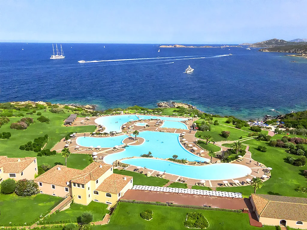 Colonna Resort on the Costa Smeralda — aerial view over the pools and the sea